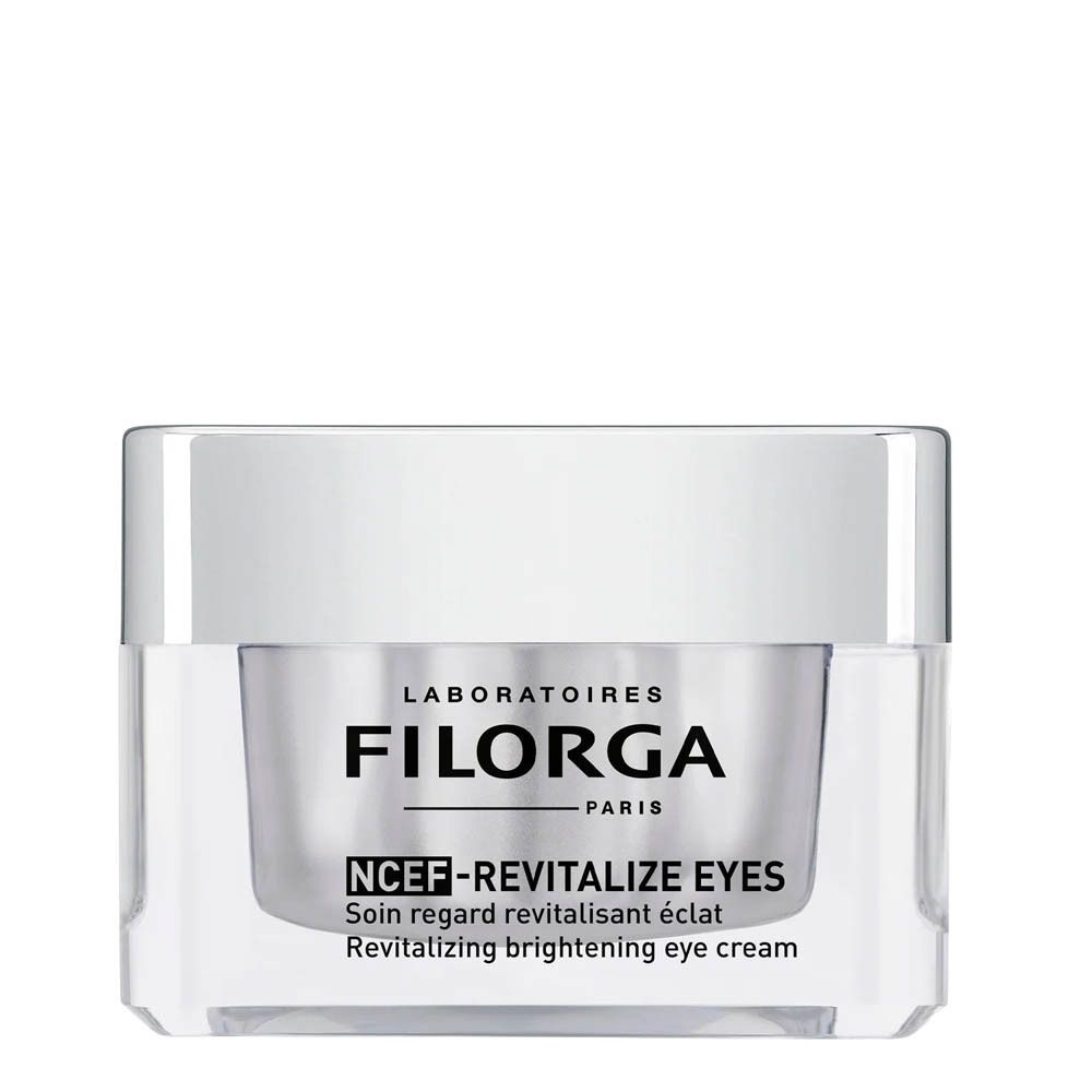 Ronde pot met deksel. Merk FILORGA, productnaam NCEF-Revitalize Eyes. Tekst in het Engels en Frans.
