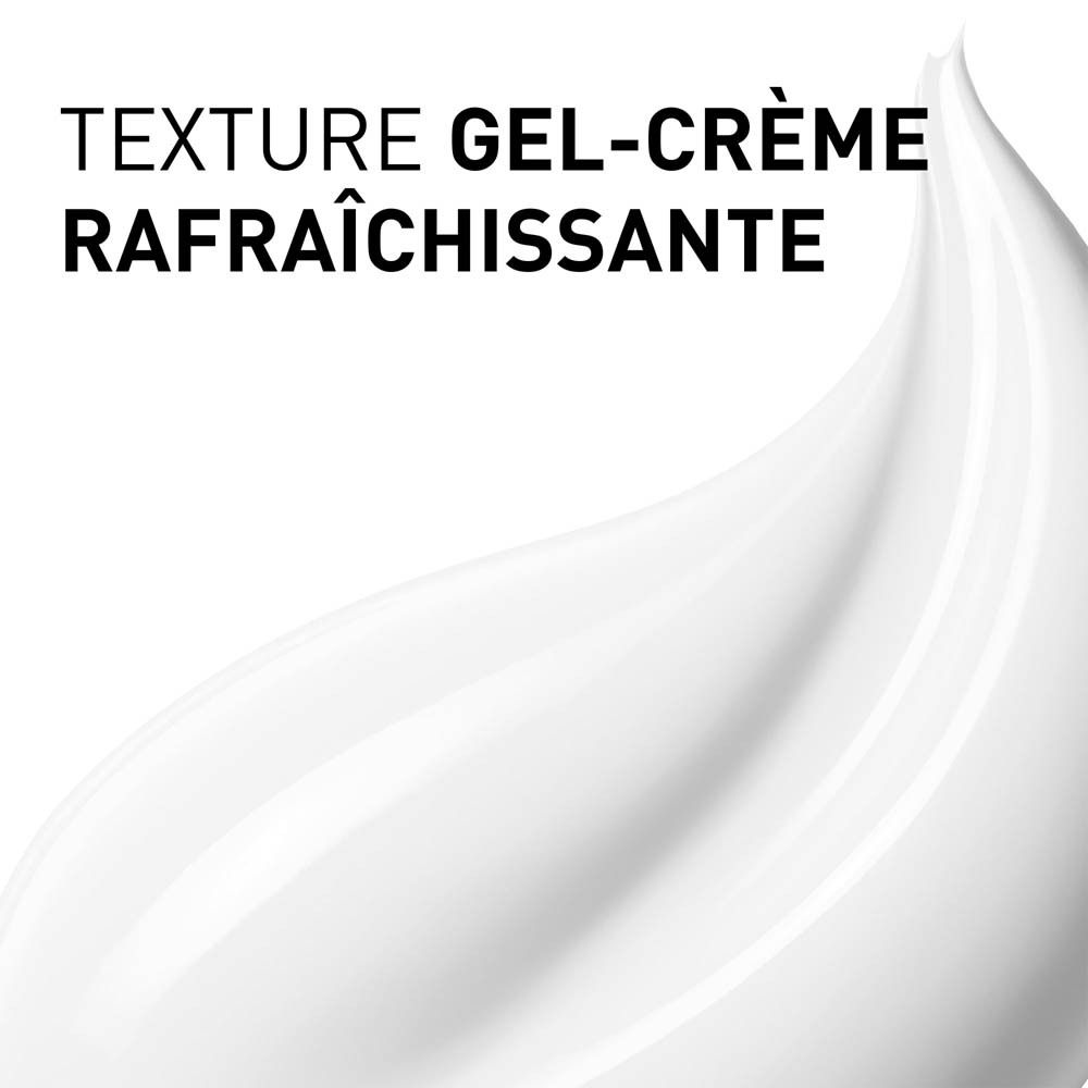 Texture gel-crème rafraîchissante. Produit blanc. Texte: TEXTURE GEL-CRÈME RAFRAÎCHISSANTE.