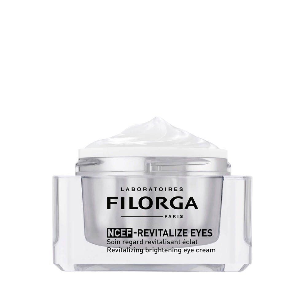 Filorga NCEF-Revitalize Eyes. Pot de crème. Inscription: Filorga, NCEF-Revitalize Eyes.
