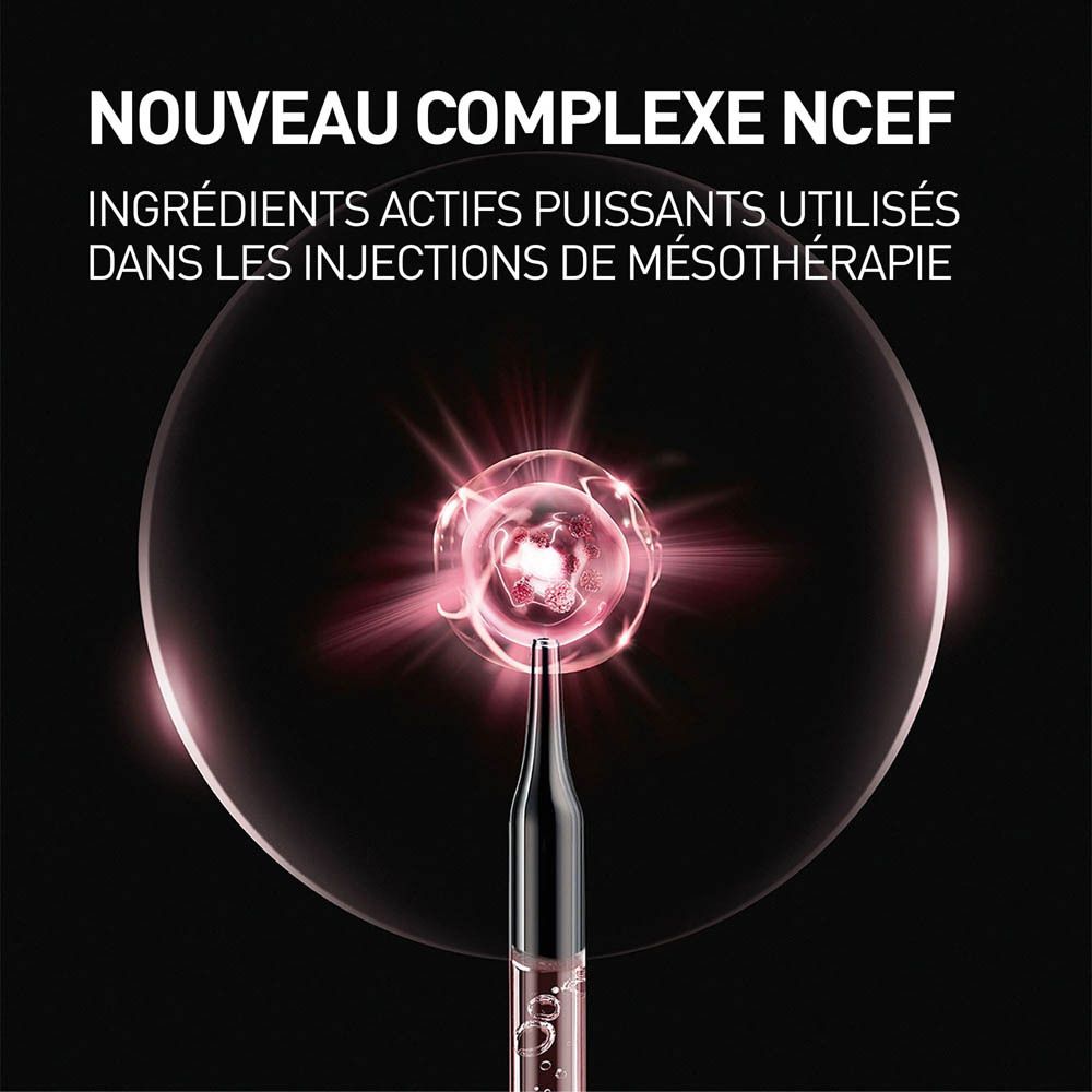 Illustration avec ingrédients. Texte : NOUVEAU COMPLEXE NCEF. INGRÉDIENTS ACTIFS PUISSANTS.