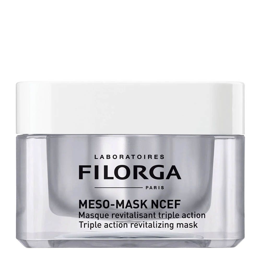 Pot met witte deksel. Opschrift: Laboratoires Filorga Paris. Tekst: Meso-Mask NCEF Masque revitalisant triple action. Transparante pot, zilverkleurige inhoud.