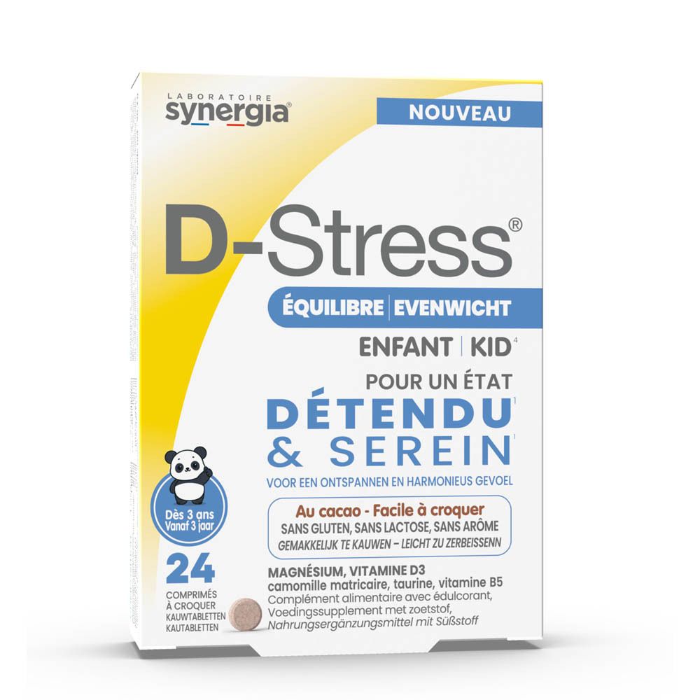 D-Stress Équilibre Enfant Kid doos met 24 kauwtabletten, cacao.