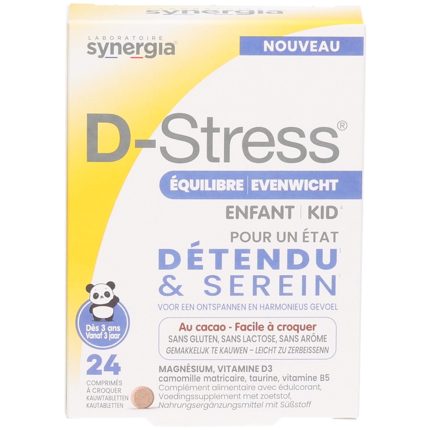 D-Stress Équilibre Enfant Kid doos met 24 kauwtabletten en panda-motief.