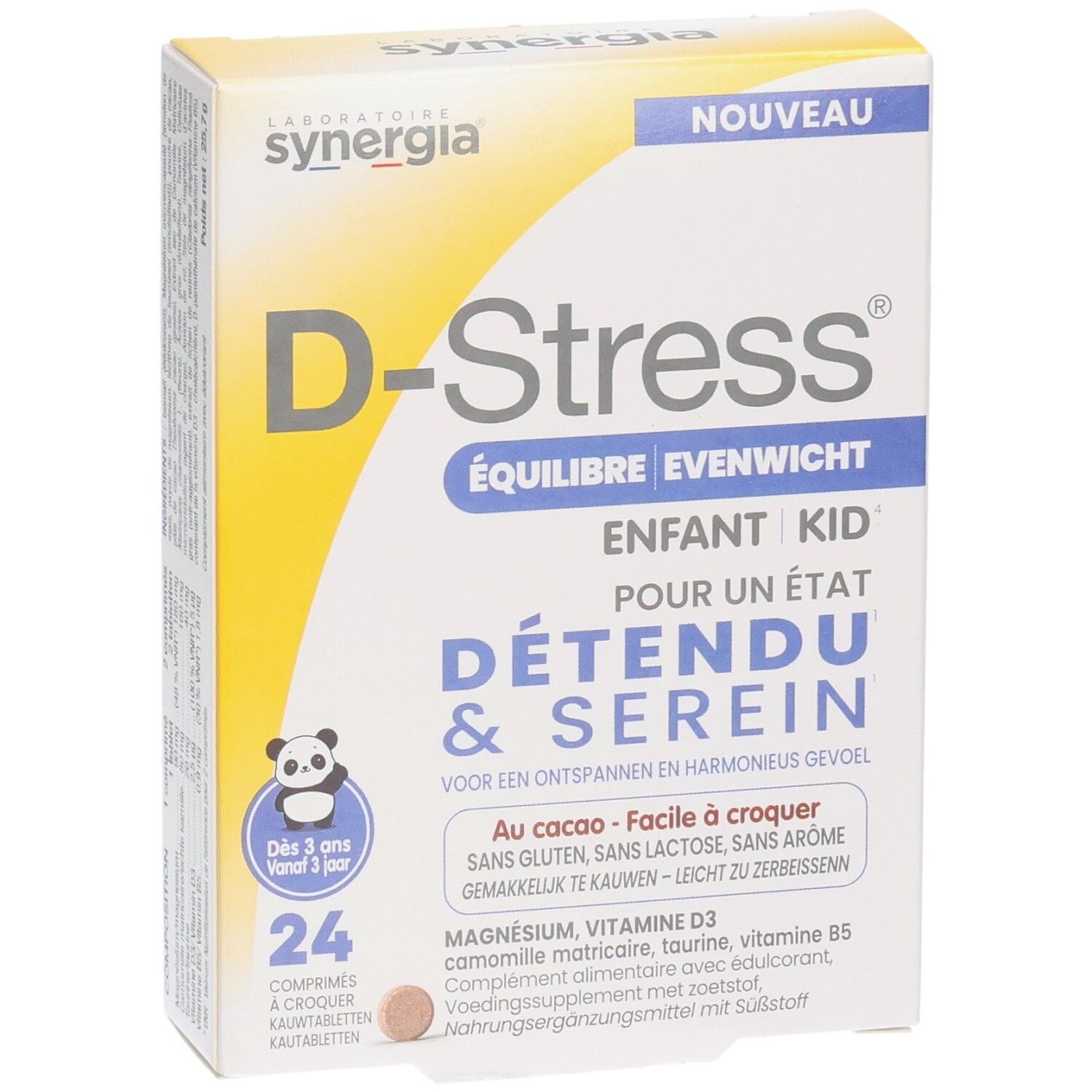 Voorkant van de D-Stress Équilibre Enfant Kid doos met panda-motief en 24 tabletten.