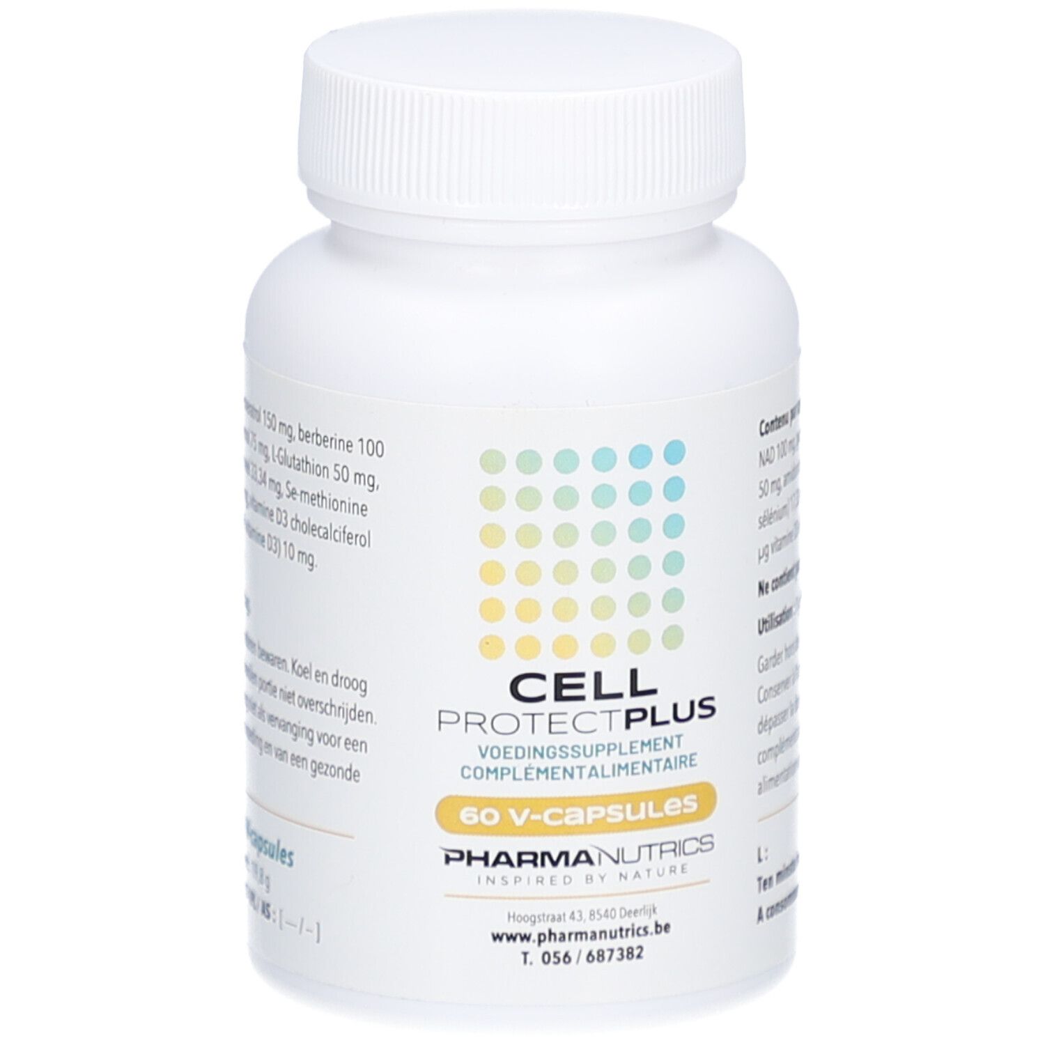 Flacon blanc avec bouchon à vis. Inscription: CELL PROTECT PLUS, 60 V-capsules, Pharmanutrics.