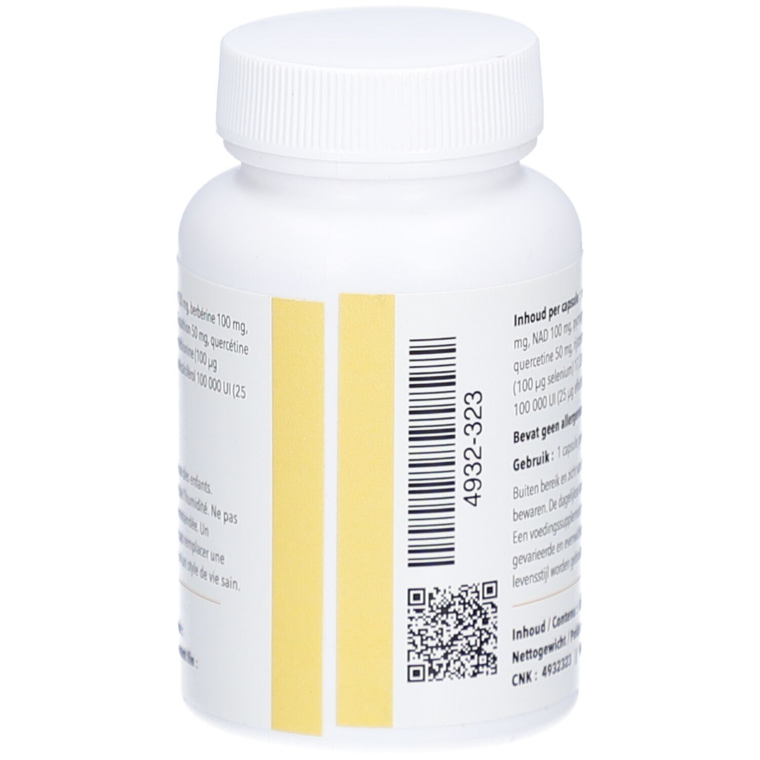 Dos du flacon blanc. Autocollant jaune avec code-barres et code QR. Texte.