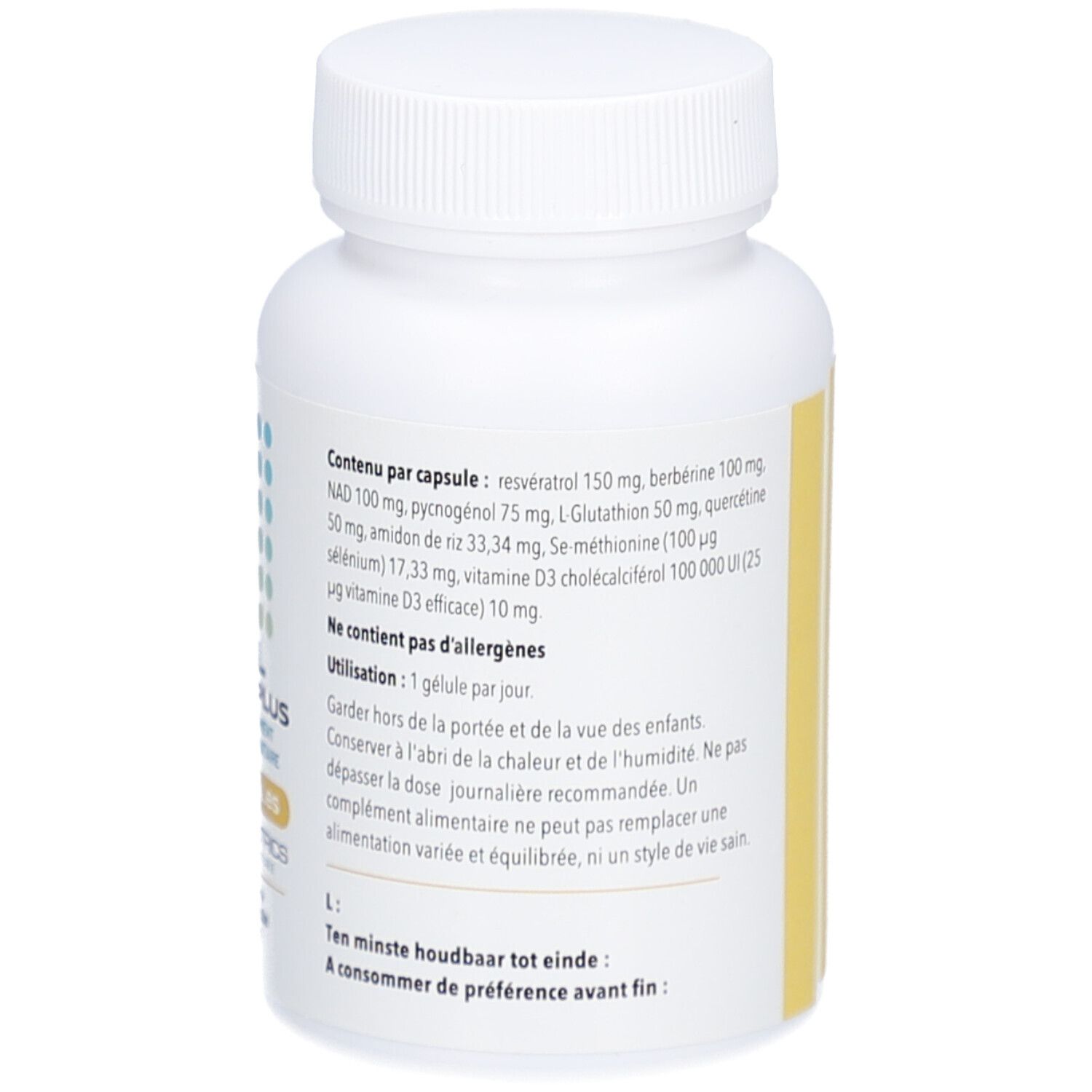 Dos du flacon blanc. Texte avec informations sur le contenu par capsule, avertissements.