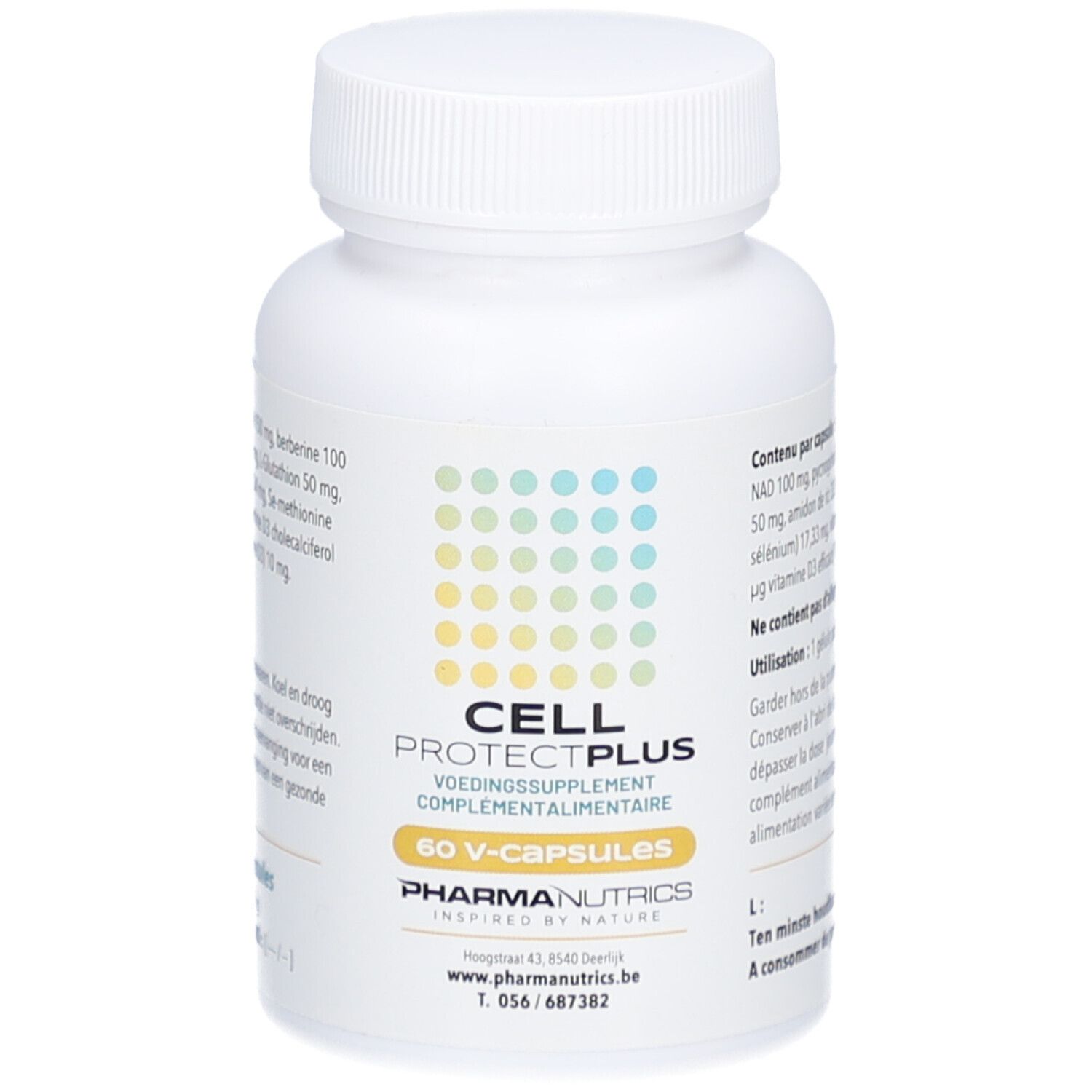 Flacon blanc avec bouchon à vis. Inscription: CELL PROTECT PLUS, 60 V-capsules, Pharmanutrics.