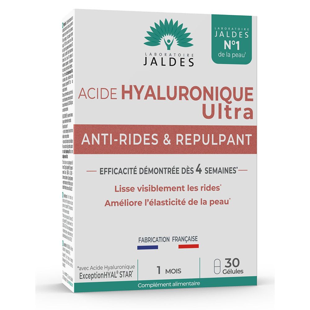 Doos Laboratoire Jaldes Hyaluronzuur Ultra. Tekst: Anti-Rimpel & Plumping, 1 maand, Franse productie. 30 capsules.