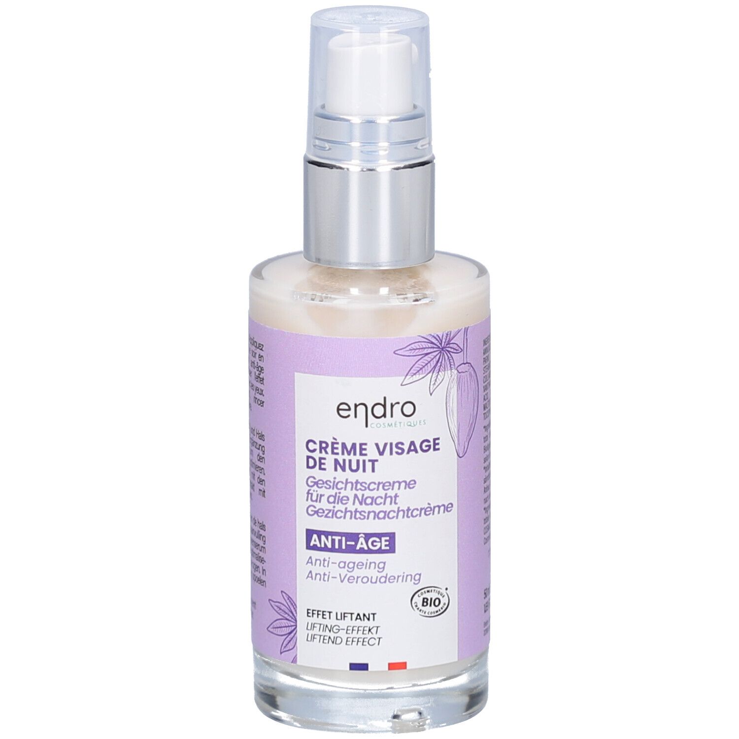 Flacon de crème avec pompe. Inscription: endro CRÈME VISAGE DE NUIT Anti-âge. Certification bio.