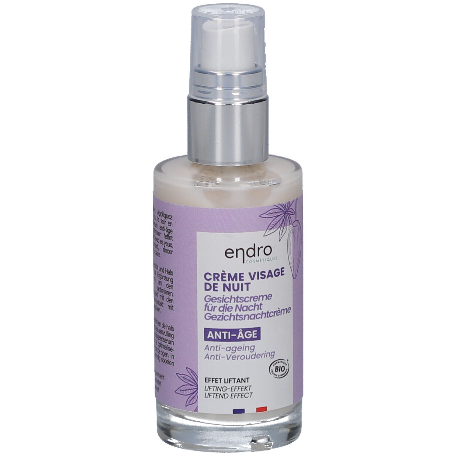 Flacon de crème avec pompe. Inscription: endro CRÈME VISAGE DE NUIT Anti-âge. Certification bio.