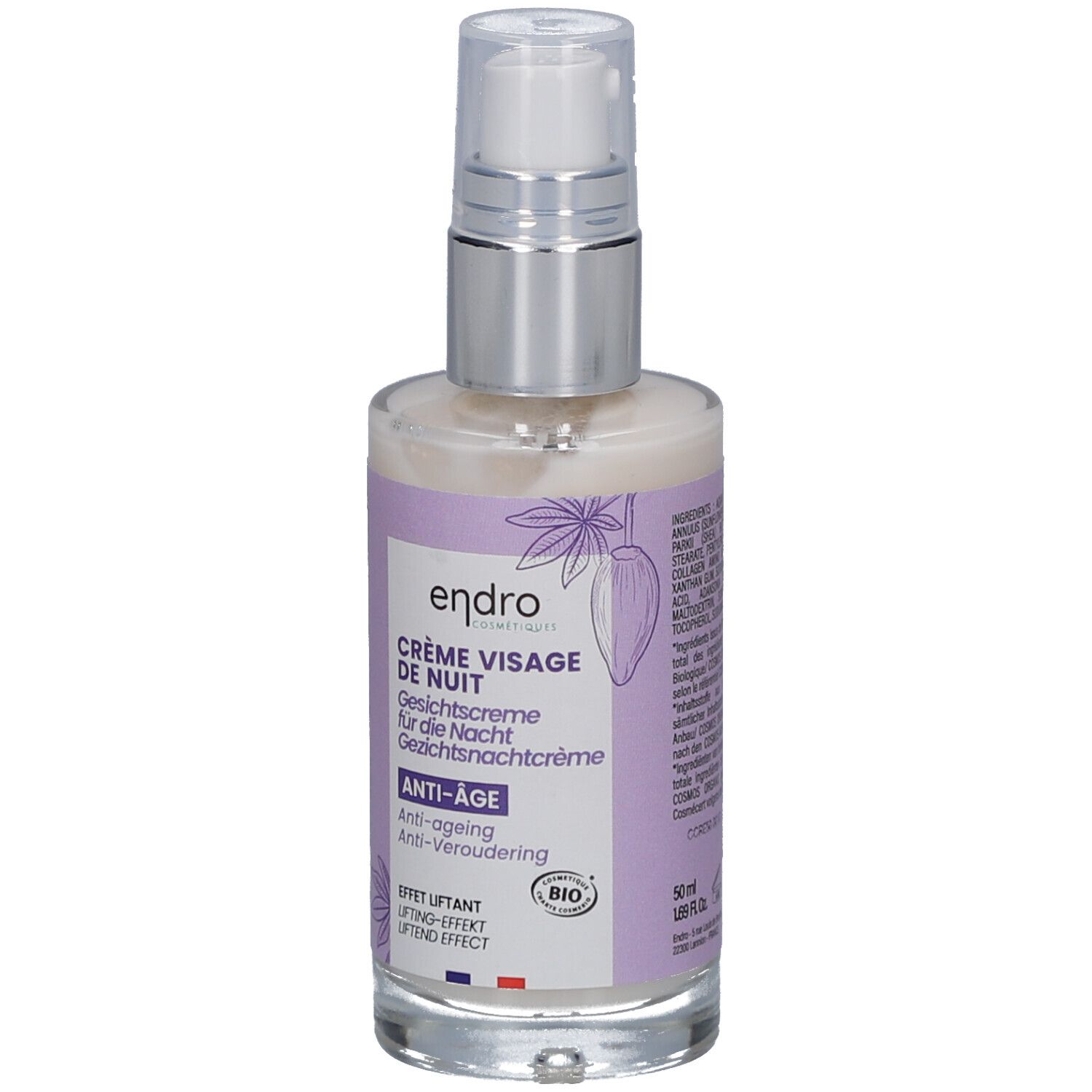 Flacon de crème avec pompe. Inscription: endro CRÈME VISAGE DE NUIT Anti-âge. Volume: 50 ml.