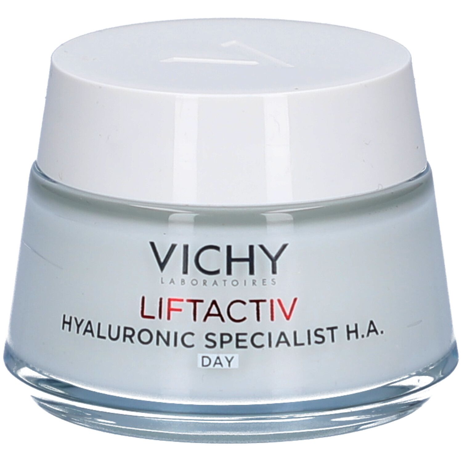 Crèmepot met witte deksel. Opschrift: Vichy Liftactiv Hyaluronic Specialist H.A. Day.