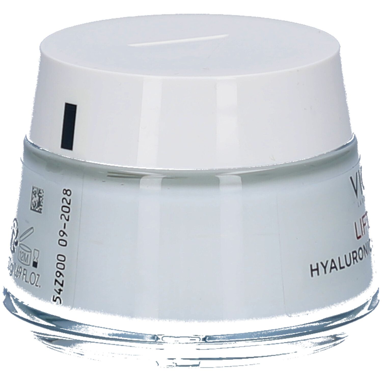 Crèmepot met witte deksel. Opschrift: Vichy Liftactiv. Achterkant met tekst en codes.