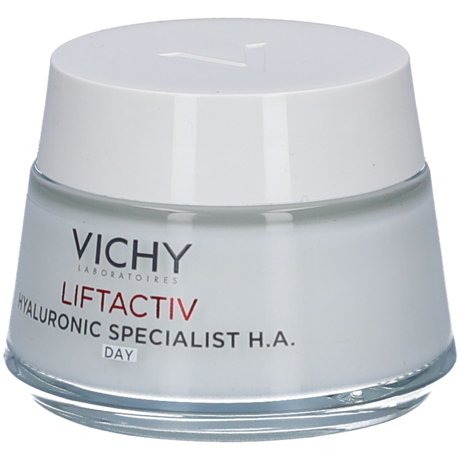 Crèmepot met witte deksel. Opschrift: Vichy Liftactiv Hyaluronic Specialist H.A. Day.