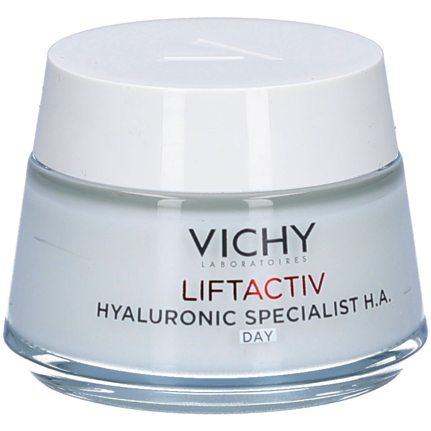 Crèmepot met witte deksel. Opschrift: Vichy Liftactiv Hyaluronic Specialist H.A. Day.