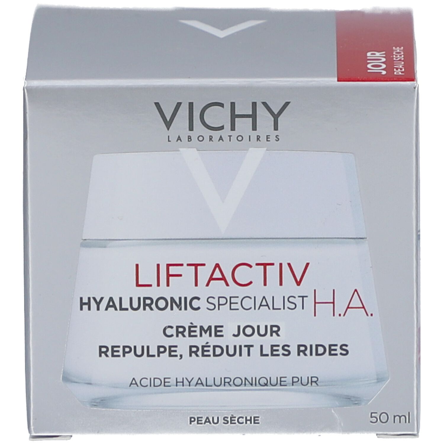 Productverpakking. Opschrift: Vichy Liftactiv Hyaluronic Specialist H.A. Crème Jour. Peau sèche.