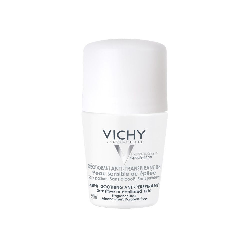 Witte roll-on deodorant van Vichy. Opschrift: Déodorant Anti-transpirant 48h, Peau sensible ou épilée. Hypoallergeen.