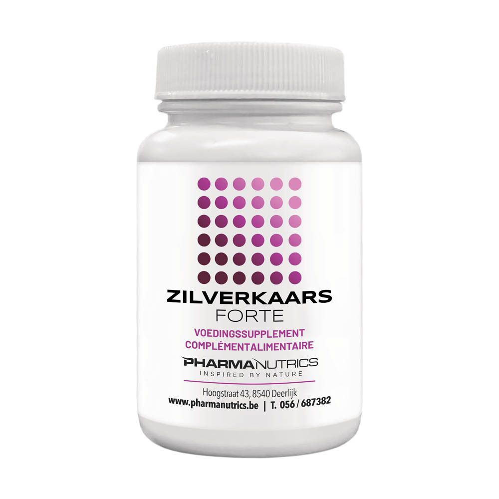 Witte fles met paars etiket. Opschrift: Zilverkaars Forte, PharmaNutrics.