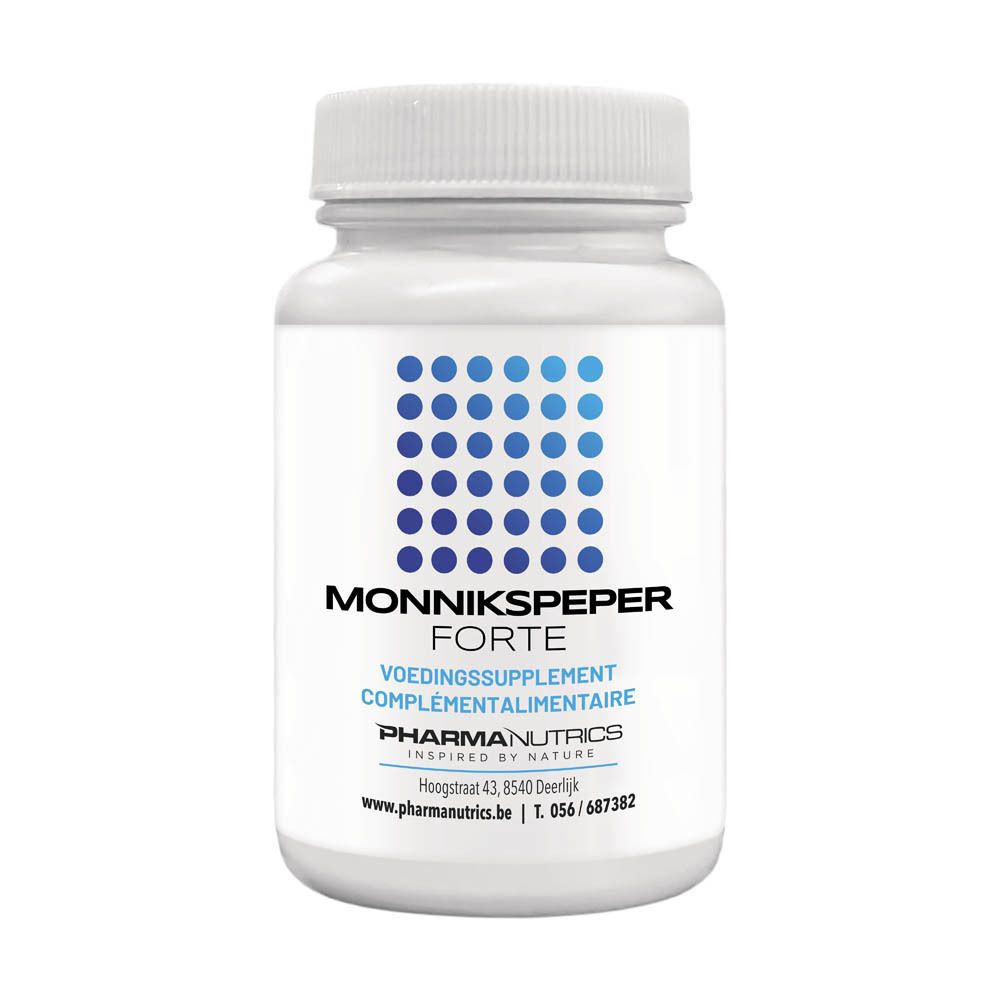 Flacon blanc avec texte bleu. Contient 60 gélules. Marque: Pharmanutrics. Texte: Monnikspeper Forte.