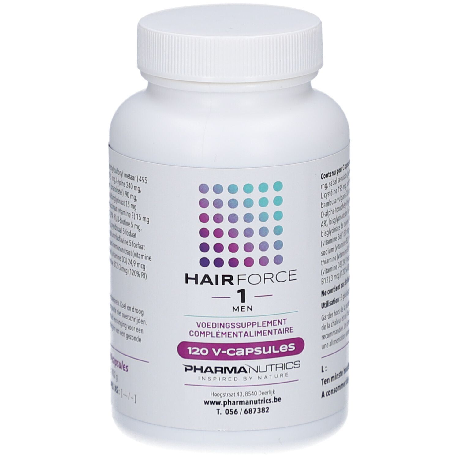 Witte fles met capsules. Opschrift: Hair Force 1 Men, 120 V-capsules. Merk: Pharmanutrics.