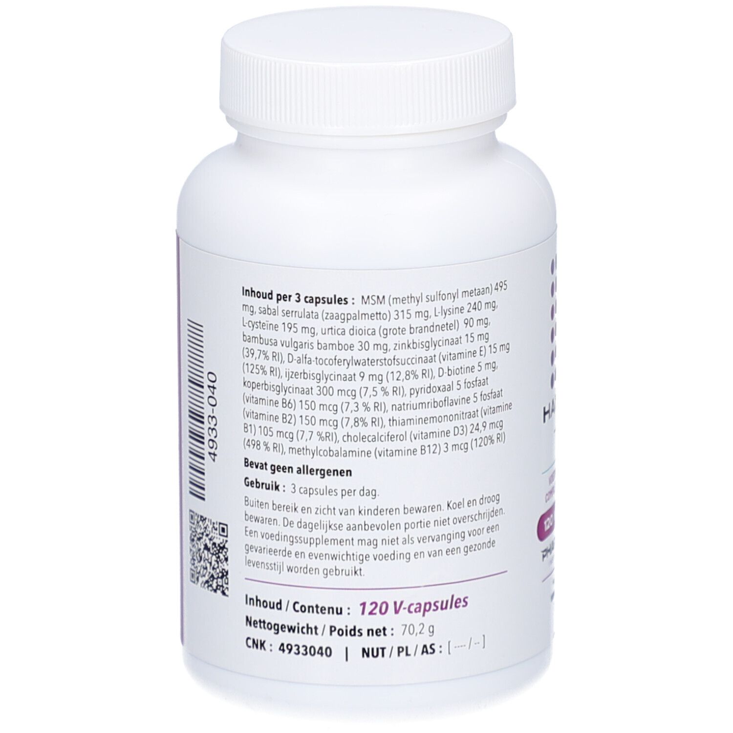 Achterkant van de witte fles. Tekst met ingrediënten en gebruiksaanwijzing. QR-code en barcode.