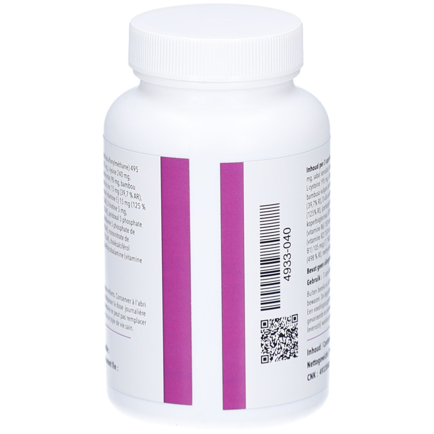 Achterkant van de witte fles. Barcode en QR-code. Paarse strepen.