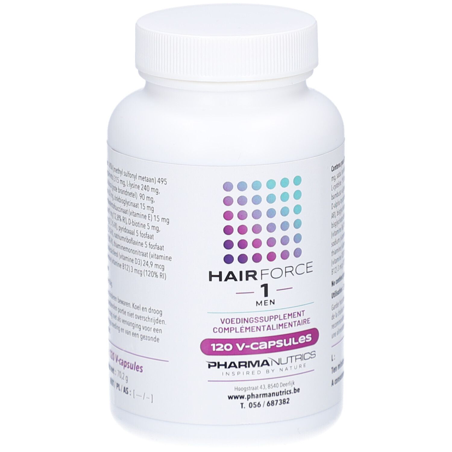 Witte fles met capsules. Opschrift: Hair Force 1 Men, 120 V-capsules. Merk: Pharmanutrics.