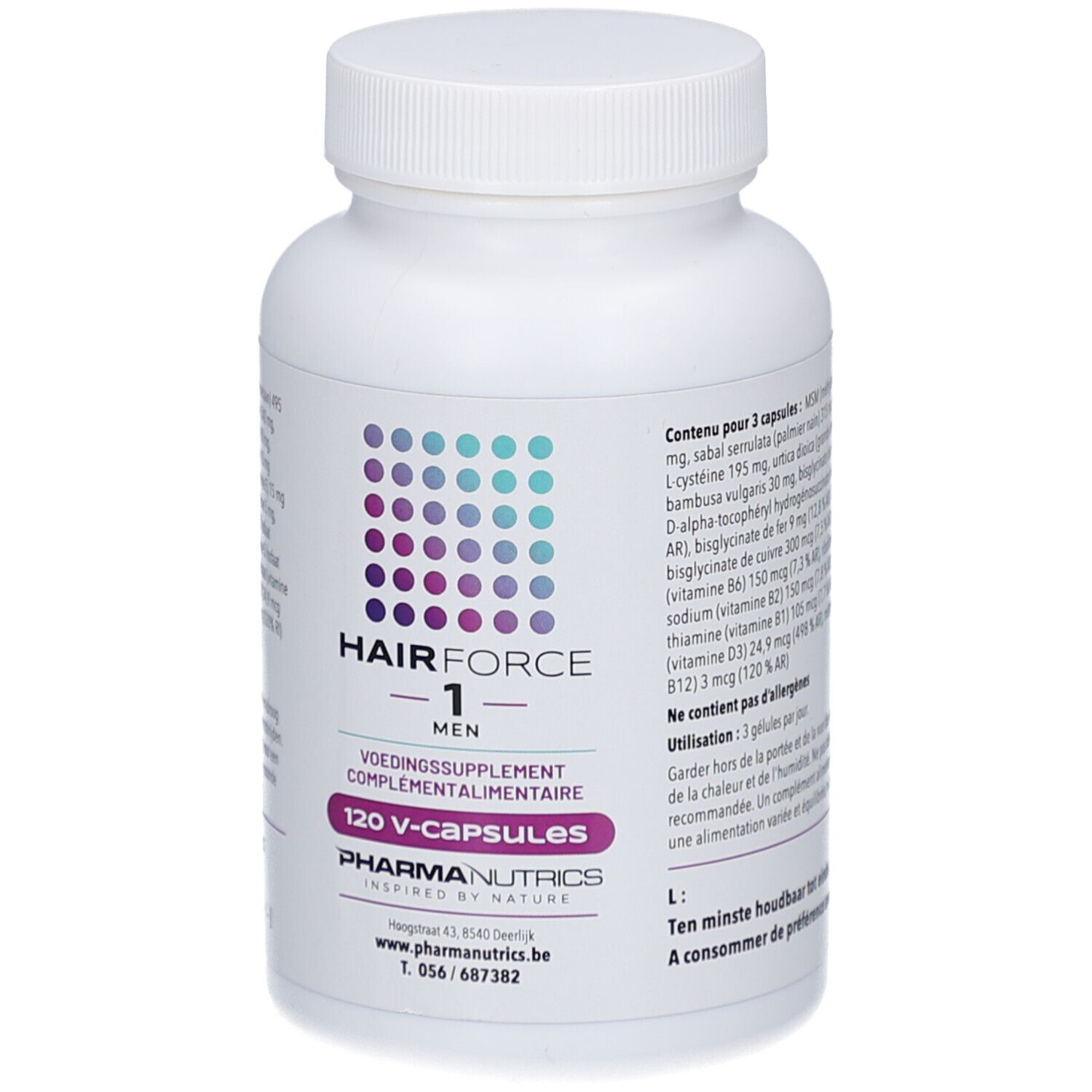 Witte fles met capsules. Opschrift: Hair Force 1 Men, 120 V-capsules. Merk: Pharmanutrics.