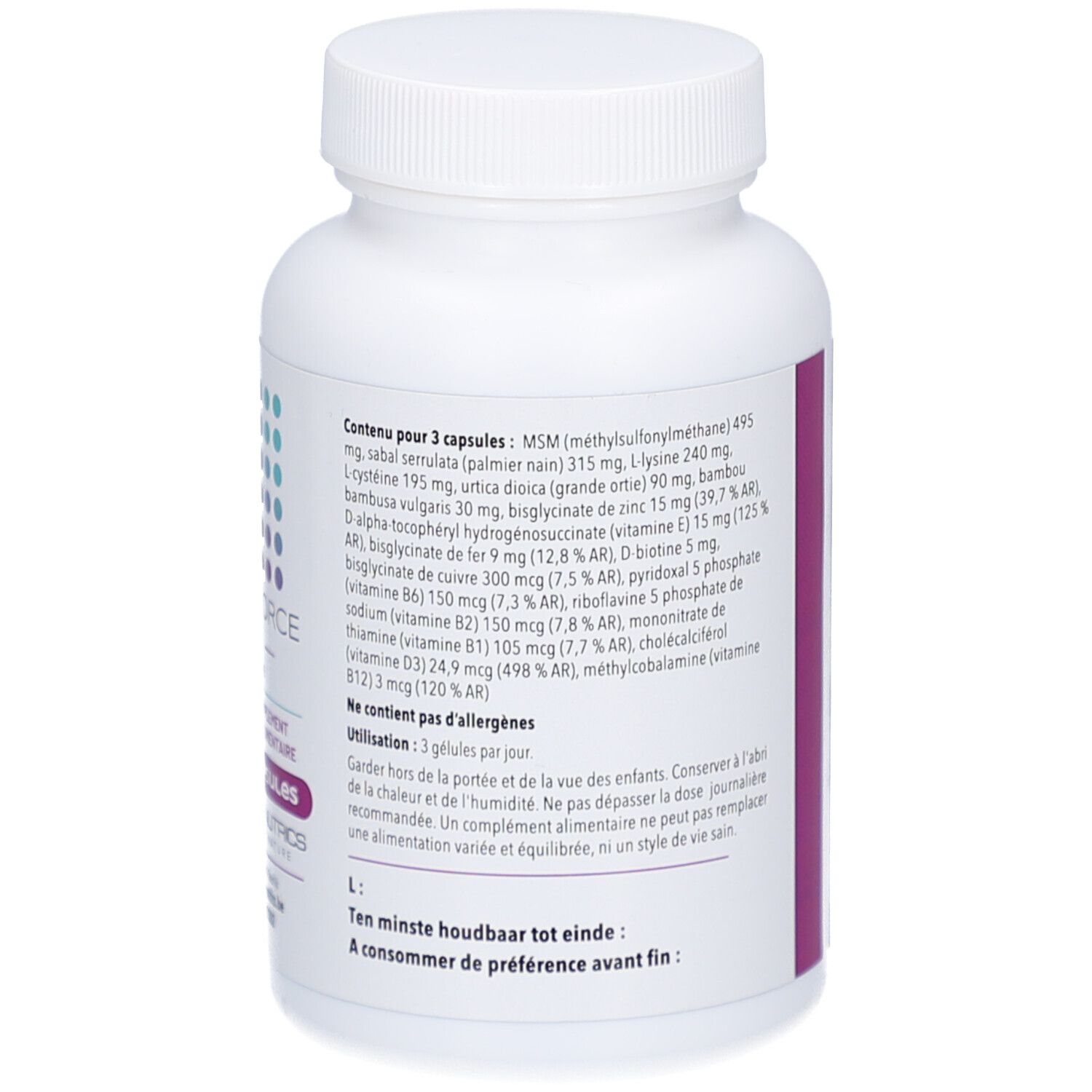 Achterkant van de witte fles. Tekst met ingrediënten en gebruiksaanwijzing.