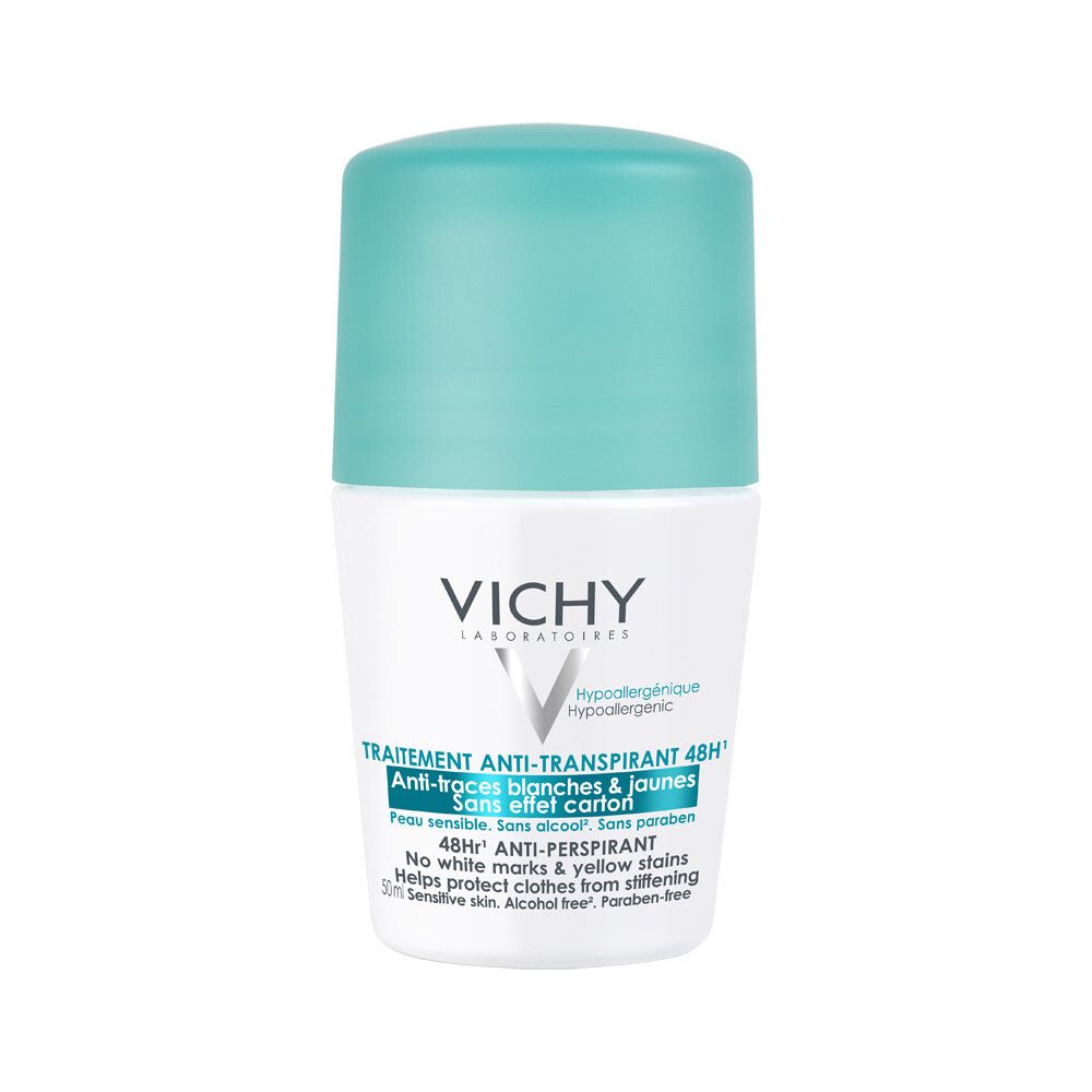 Déodorant roll-on blanc et bouchon turquoise. Inscriptions: VICHY, Anti-transpirant 48H, hypoallergénique. Pour peaux sensibles.