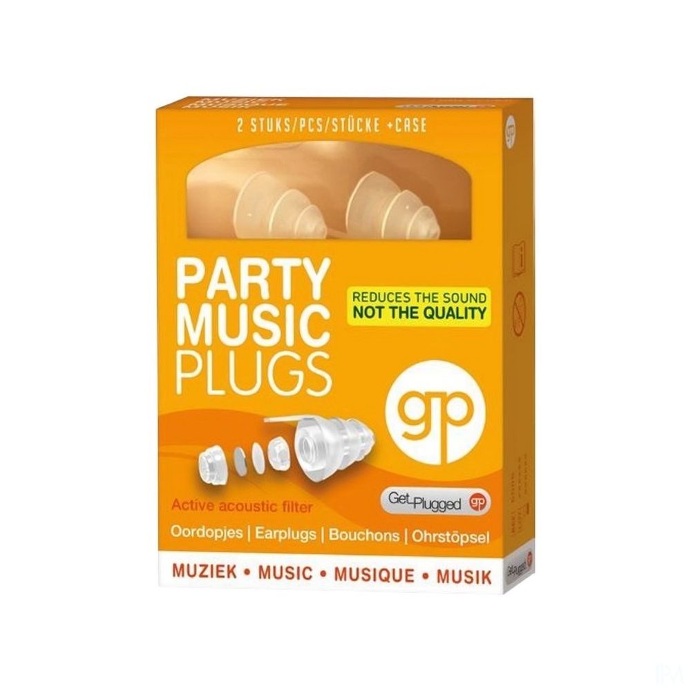 Verpakking van Party Music Plugs. Toont oordopjes met actieve akoestische filter en bewaardoosje. Tekst in het Nederlands.