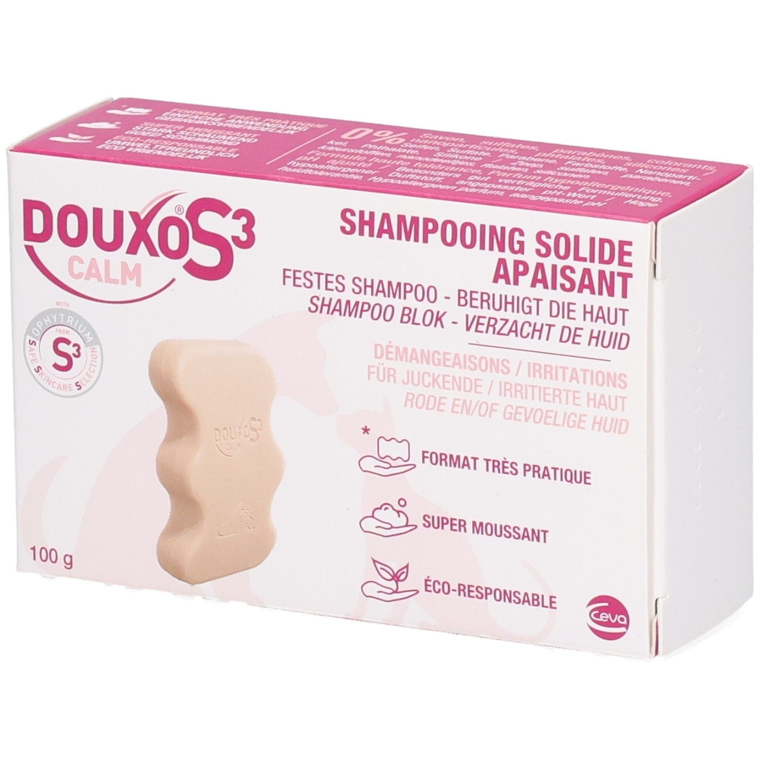 Boîte de shampooing solide. Boîte rose et blanche avec nom de produit et image. 100g.