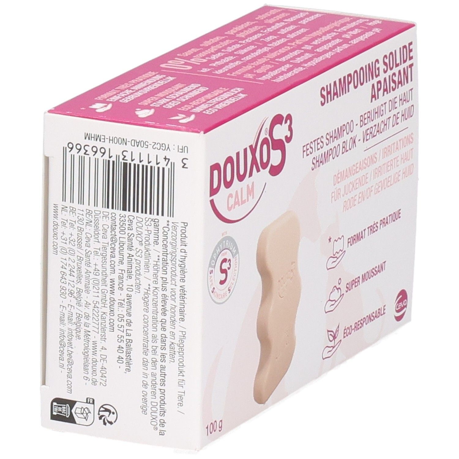 Boîte de shampooing solide. Boîte rose et blanche avec nom et code-barres. 100g.