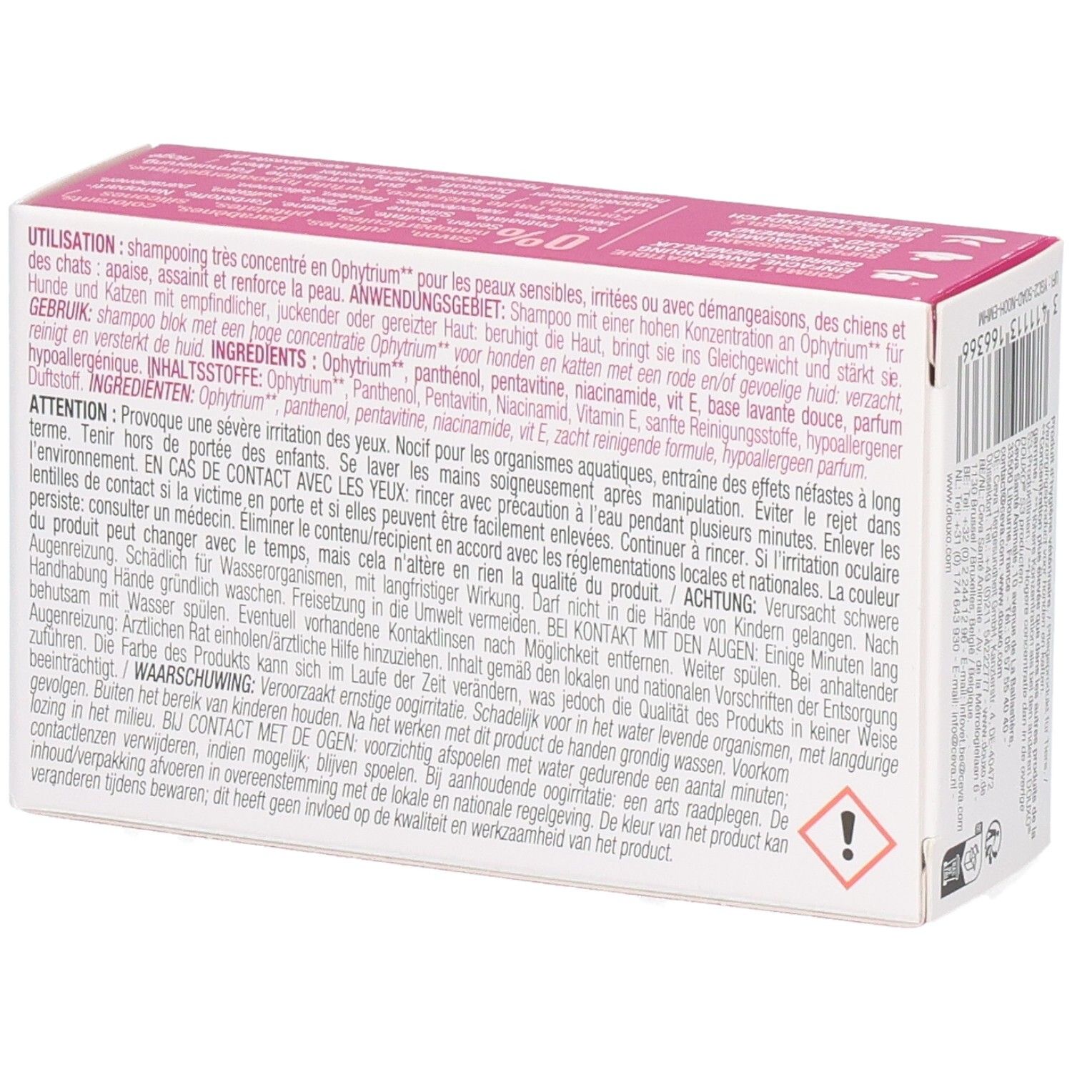 Dos de la boîte avec texte. Boîte rose et blanche avec informations et avertissements.