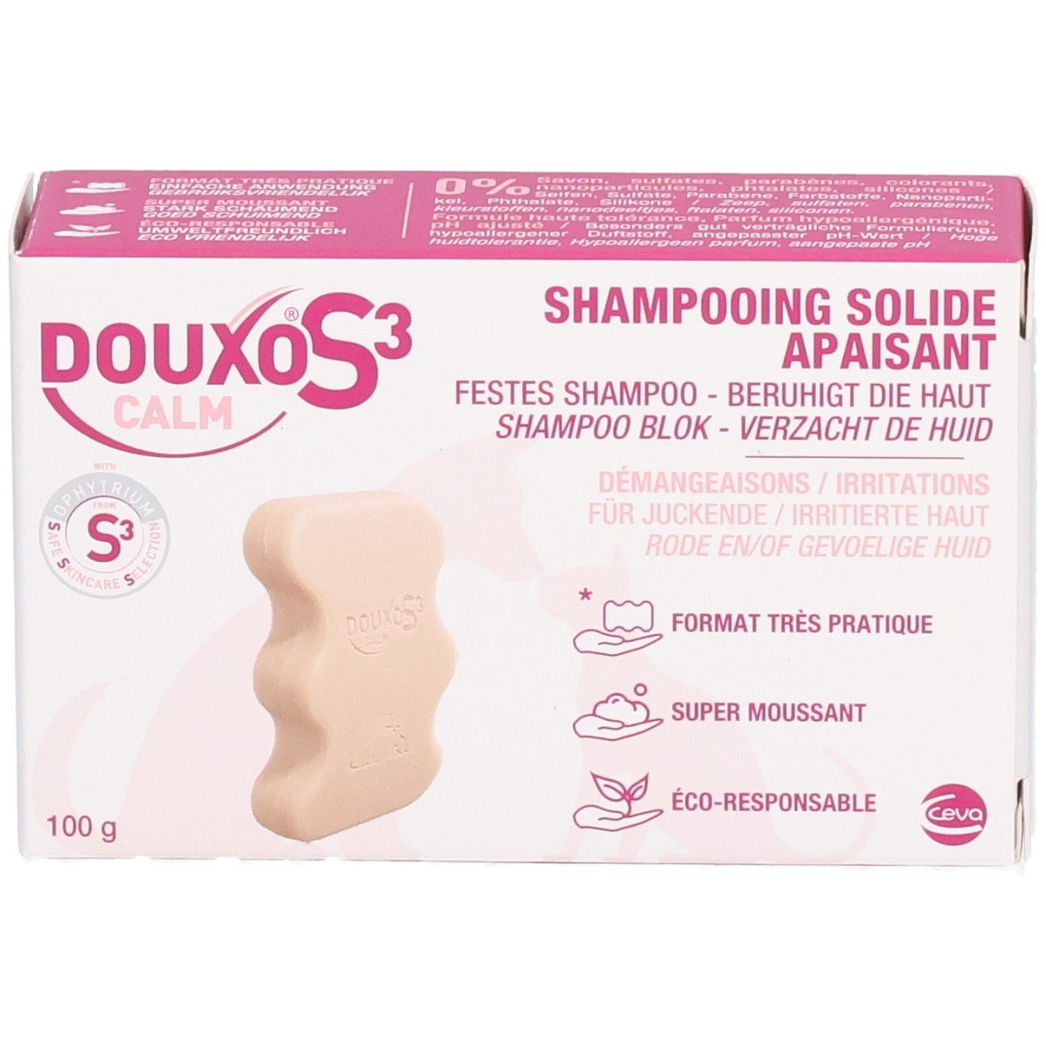 Boîte de shampooing solide. Boîte rose et blanche avec nom de produit et image. 100g.