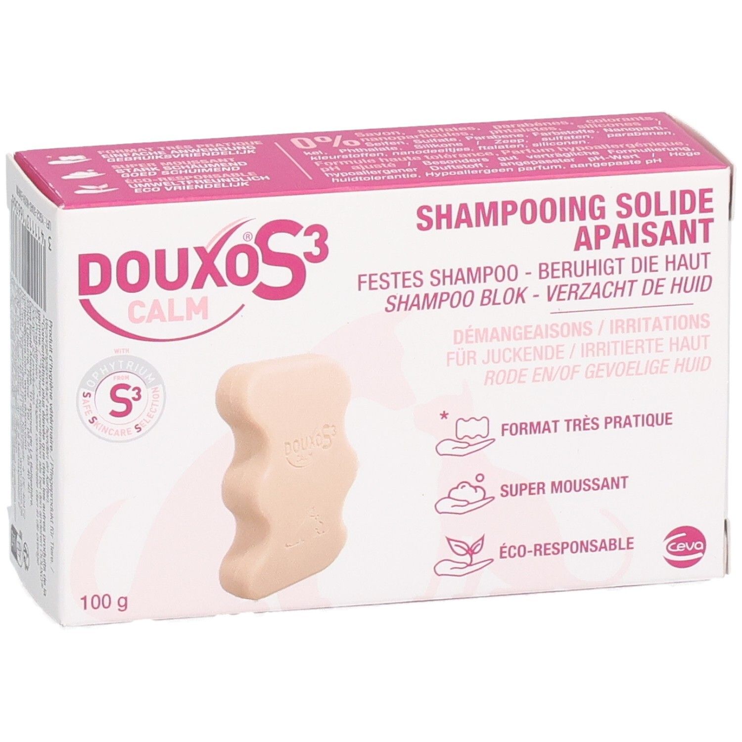 Boîte de shampooing solide. Boîte rose et blanche avec nom de produit et image. 100g.