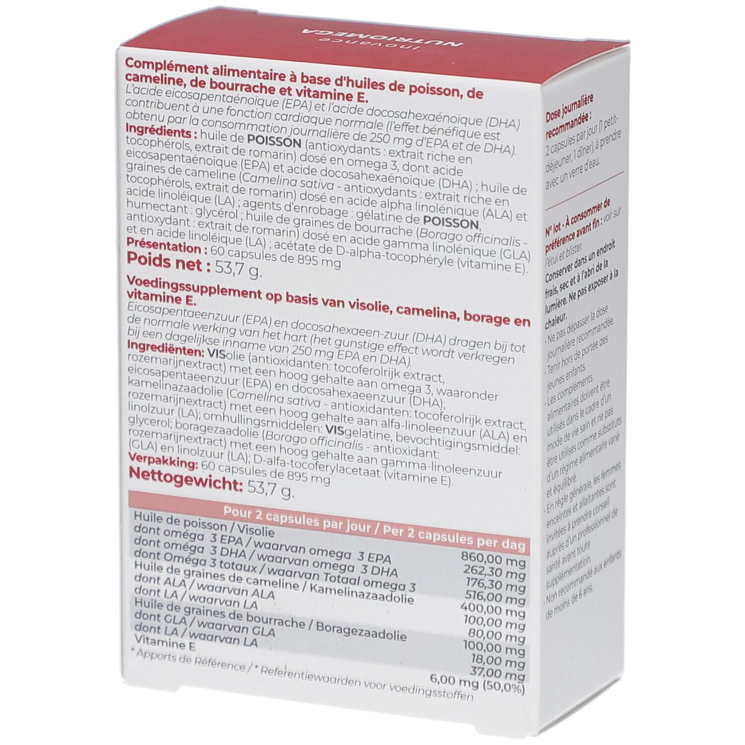 Dos de la boîte blanche. Contient des informations sur les ingrédients et les valeurs nutritionnelles. Inscription: NUTRIOMEGA. Marque : Inovance.