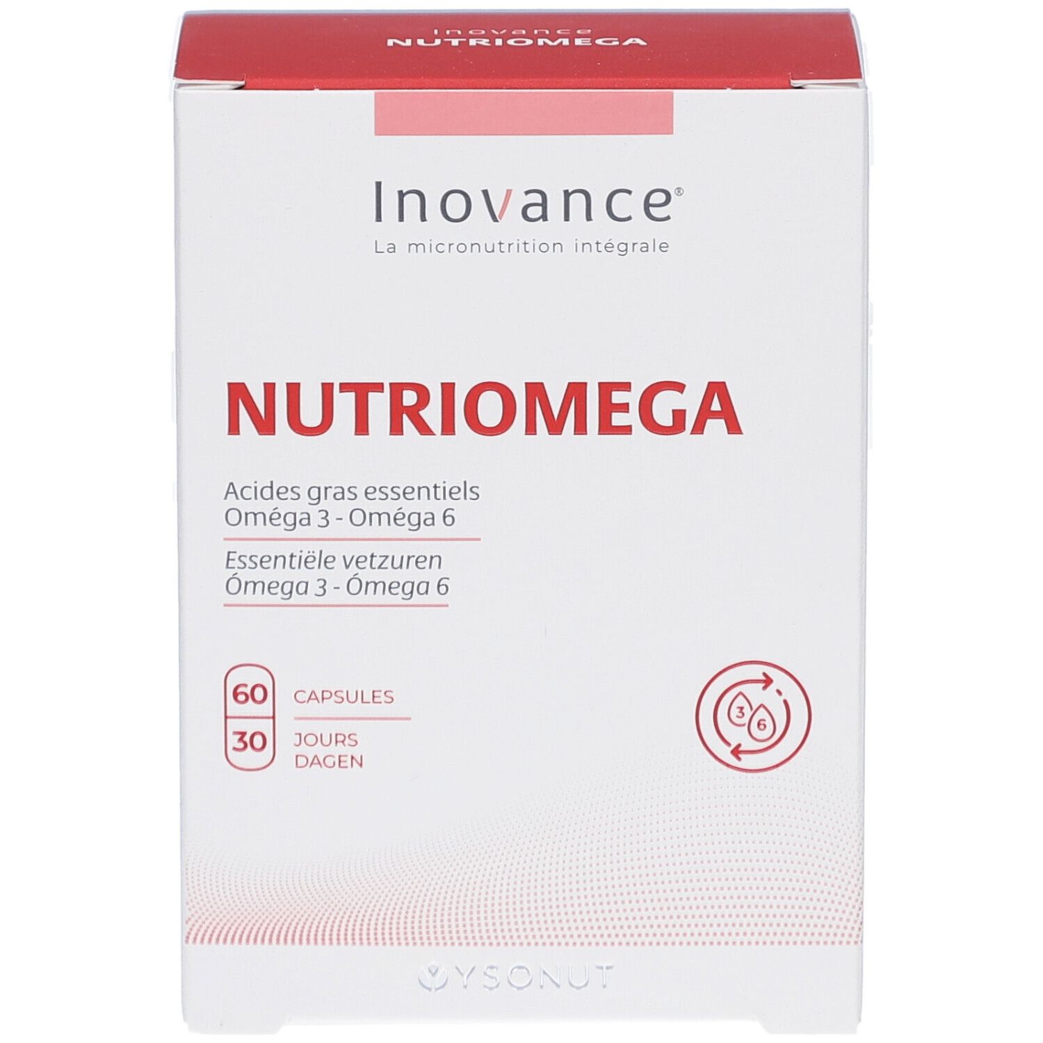 Boîte blanche et rouge. Inscription: NUTRIOMEGA, 60 capsules. Contient des acides gras oméga 3 et 6. Marque : Inovance.