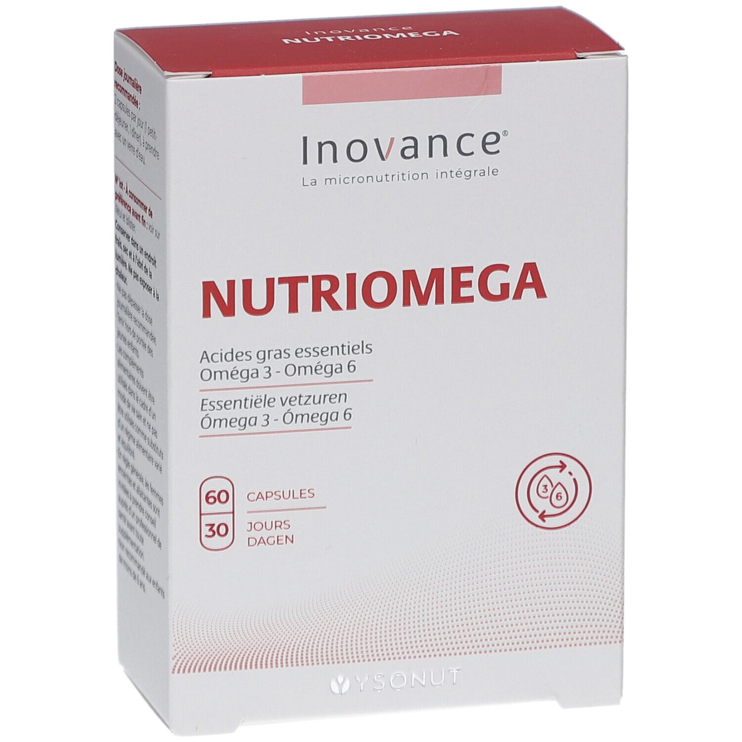 Boîte blanche et rouge. Inscription: NUTRIOMEGA, 60 capsules. Contient des acides gras oméga 3 et 6. Marque : Inovance.