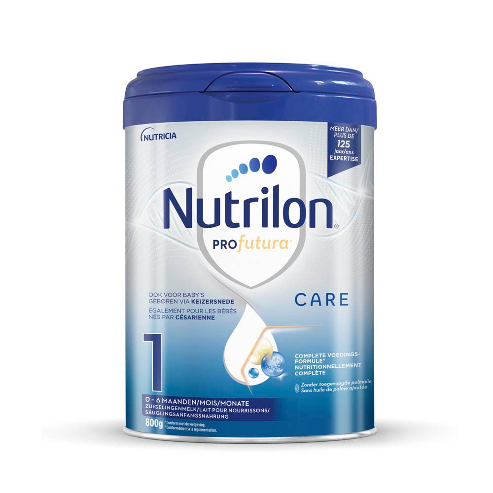 Boîte de lait pour bébé Nutrilon Profutura 1, 0-6 mois. Boîte bleue avec texte blanc. 800g. Pour bébés nés par césarienne.