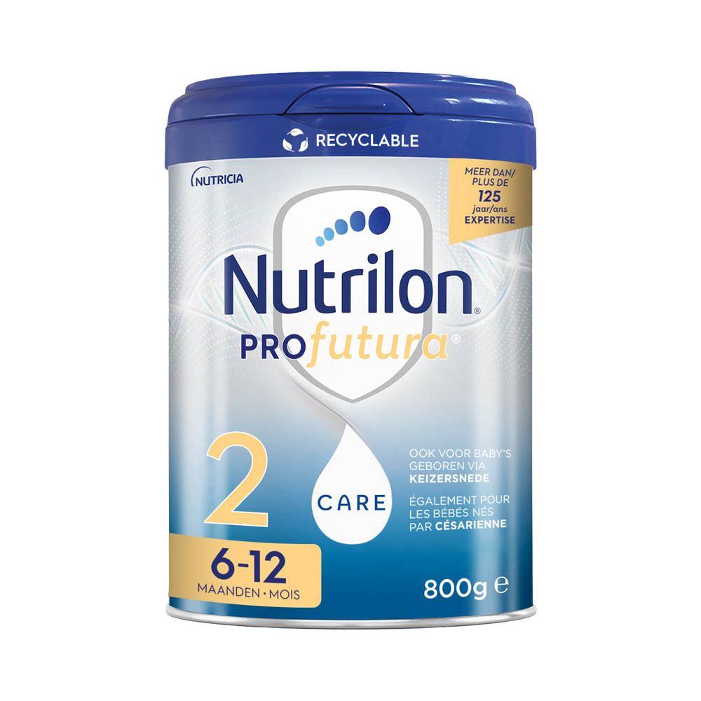 Blauwkleurige Nutrilon Profutura CARE 2 melkpoeder verpakking. Opschrift: 2, 6-12 maanden, 800g.