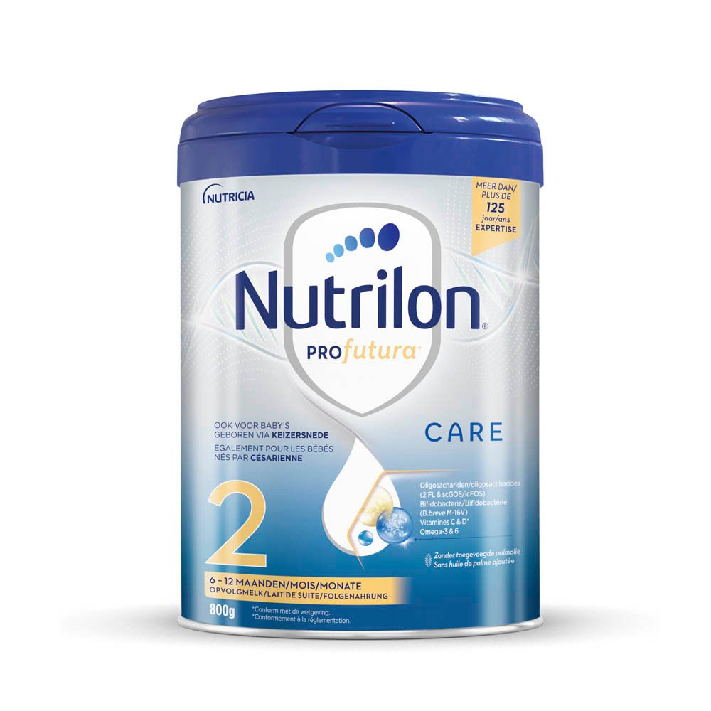 Blauwkleurige Nutrilon Profutura CARE 2 melkpoeder verpakking. Opschrift: 2, 6-12 maanden, 800g. Met ingrediënten.
