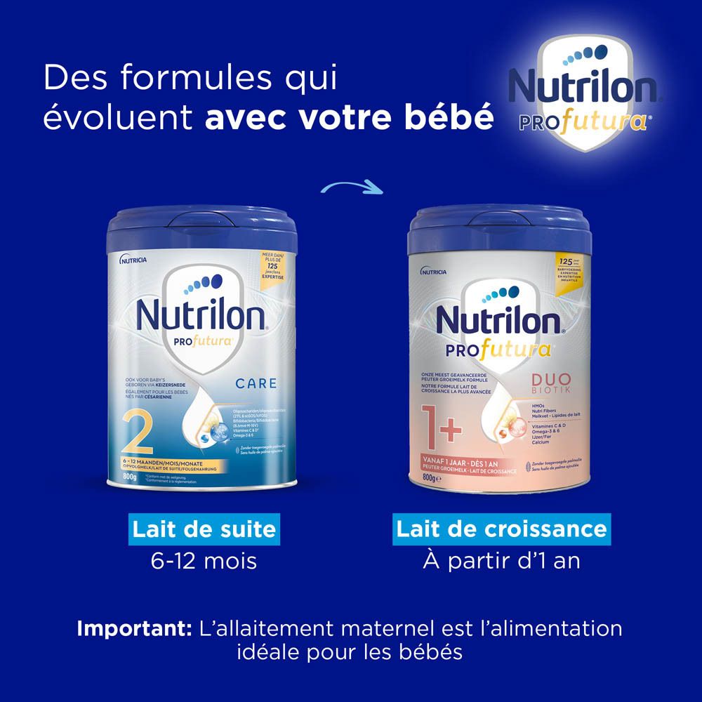 Deux boîtes de lait pour bébé : Nutrilon Profutura CARE 2 et 1+. Inscription : 2, 6-12 mois, 1+ à partir d'1 an.