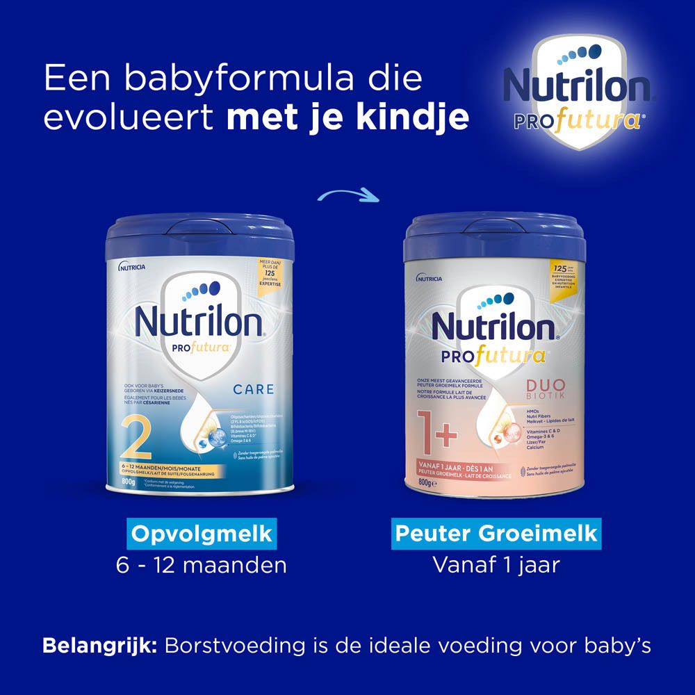 Twee melkpoeder verpakkingen: Nutrilon Profutura CARE 2 en 1+. Opschrift: 2, 6-12 maanden, 1+ vanaf 1 jaar.