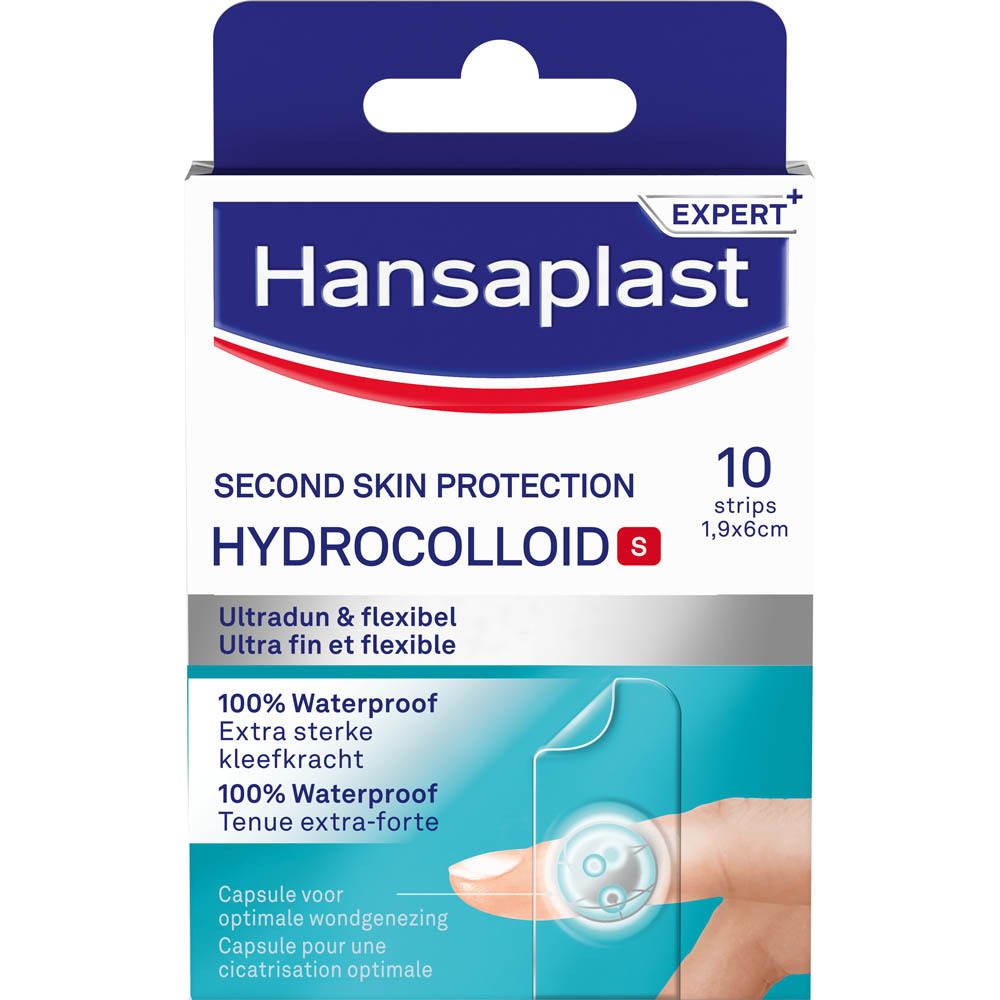 Boîte Hansaplast Hydrocolloïde S. 10 pansements, 1,9x6cm. Blanc et bleu. Texte : Second Skin Protection.
