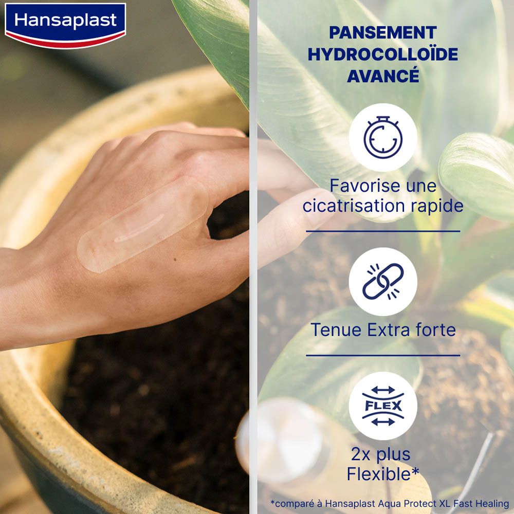 Main avec pansement. Pansement sur la peau. Fond : pot de plante. Texte : Avancé.