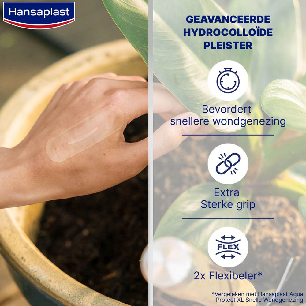 Hand met pleister. Pleister op de huid. Achtergrond: pot met plant. Tekst: Geavanceerde.