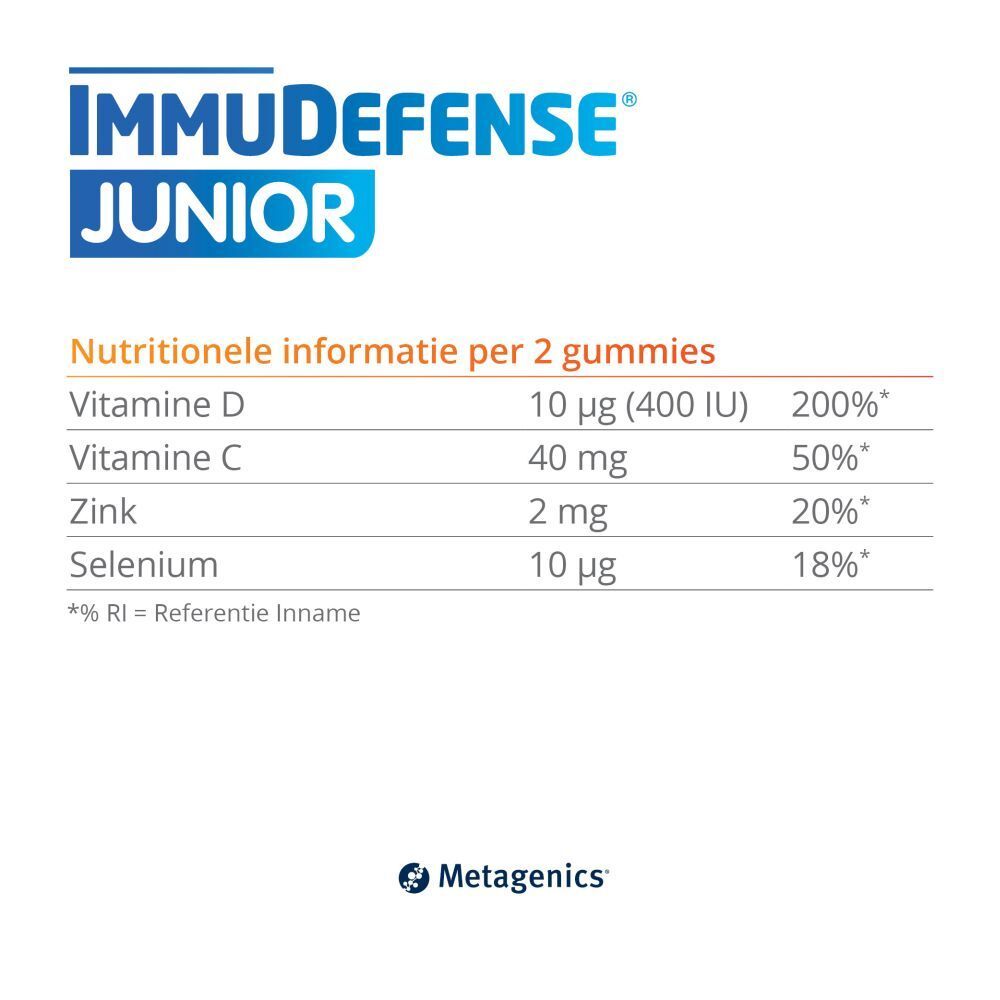 Voedingstabel voor ImmuDefense Junior. Vitamine D, C, zink en selenium. Informatie per 2 gummies.