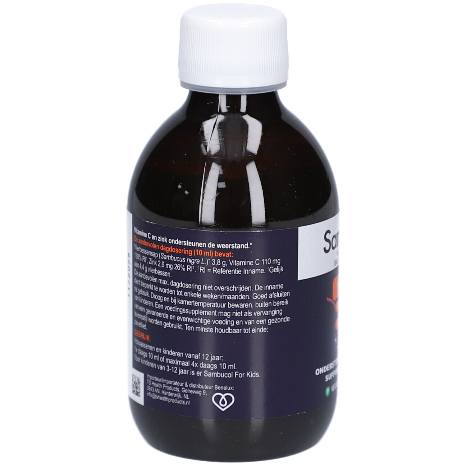 Dos de la bouteille. Contient des informations sur les ingrédients, le dosage et le stockage. Vegan.